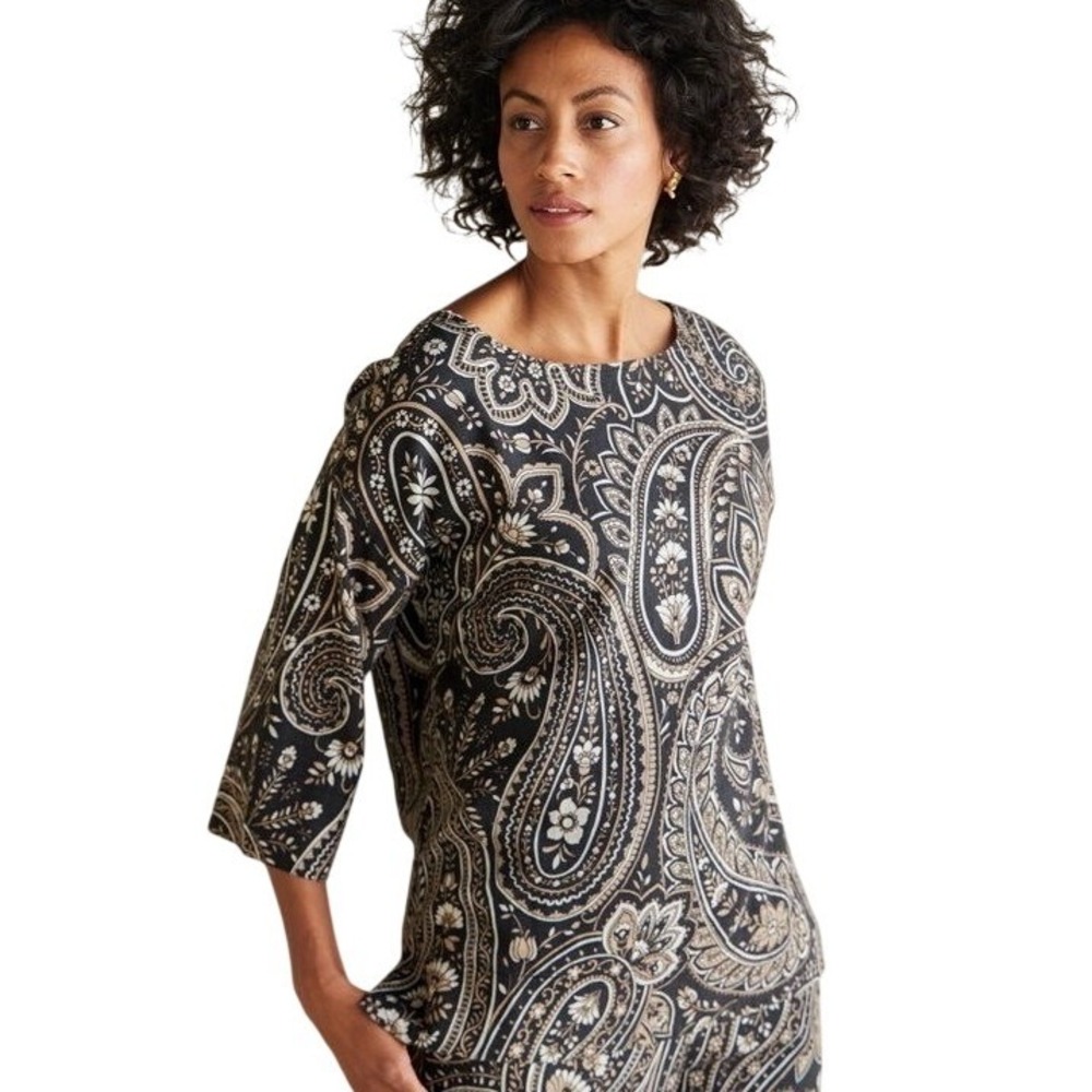 Soft Surroundings Linen Blend Fleur Top Global Paisley Black XL Relaxed Boho NEW